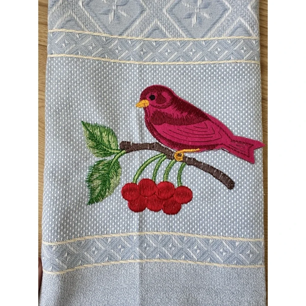 Embroidered Bird Cherry Guest Towels Set 3 Made Portugal Cotton